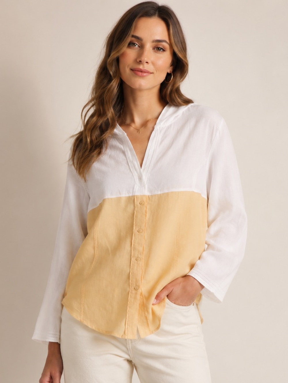 Talbots Two-Tone Button-Front Shirt with Hood in White Light Yellow Linen